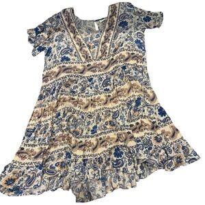 Bica Short Sleeve V-Neck‎ Dress Cornflower Blue Tan Paisley Print Size XL